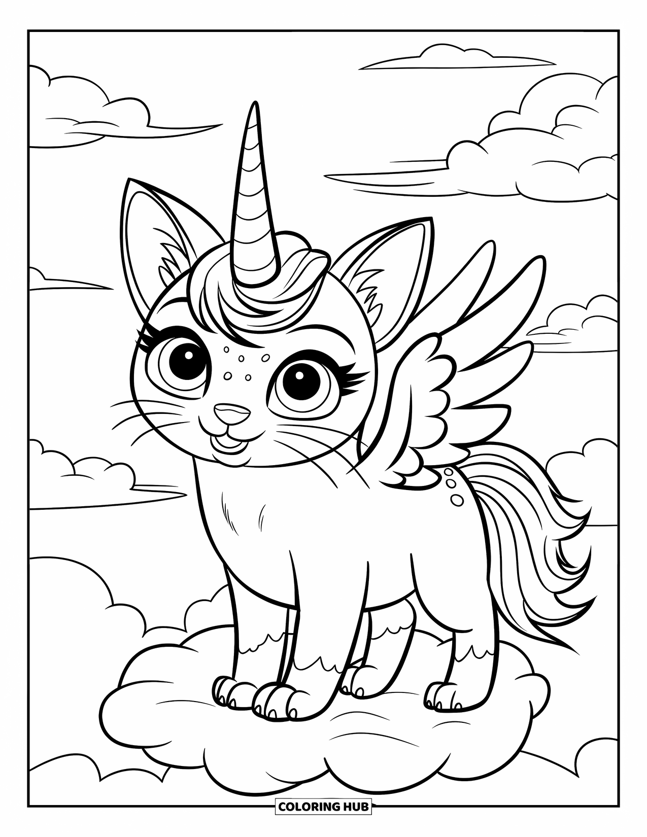 Caticorn Coloring Page for Kids: A big-eyed caticorn with wings and a spiral horn stands on a cloud with fluffy skies