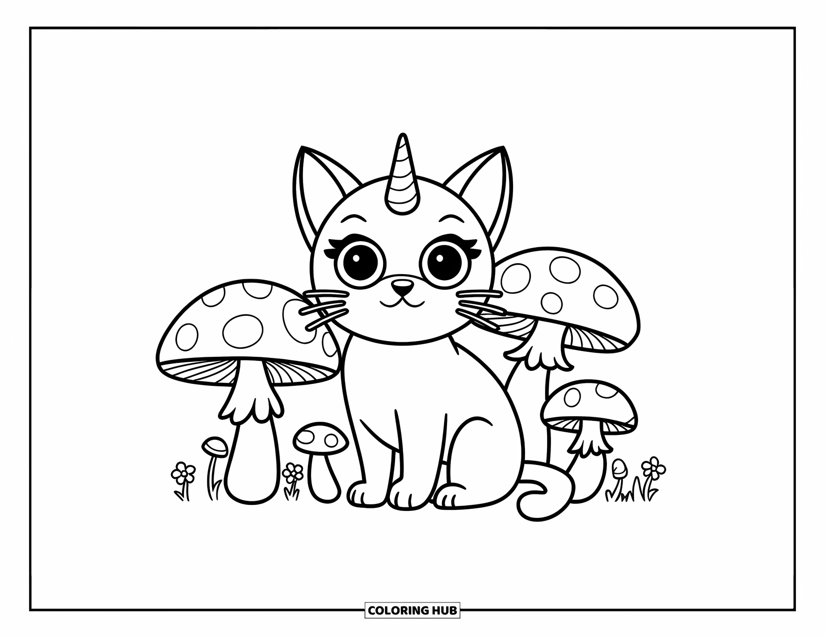 Caticorn Coloring Page for Kids: A calm caticorn rests near round mushrooms and small petaled flowers