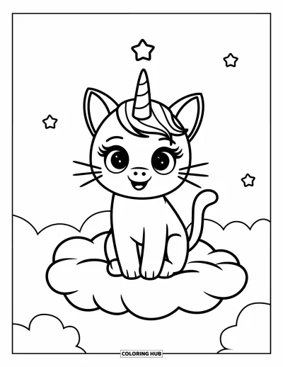 Coloriage de caticorn pour enfants : Un caticorn tranquille est assis sur un nuage, les yeux levés vers une étoile au-dessus de lui