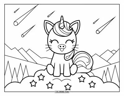Coloriage de caticorn pour enfants : Un caticorn calme avec une crinière magique se repose sur un nuage sous un ciel parsemé d'étoiles filantes