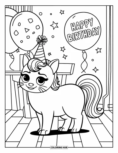 Coloriage de caticorn pour enfants : Un caticorn avec un chapeau d'anniversaire se tient près de ballons, d'une table et d'une chaise à l'intérieur