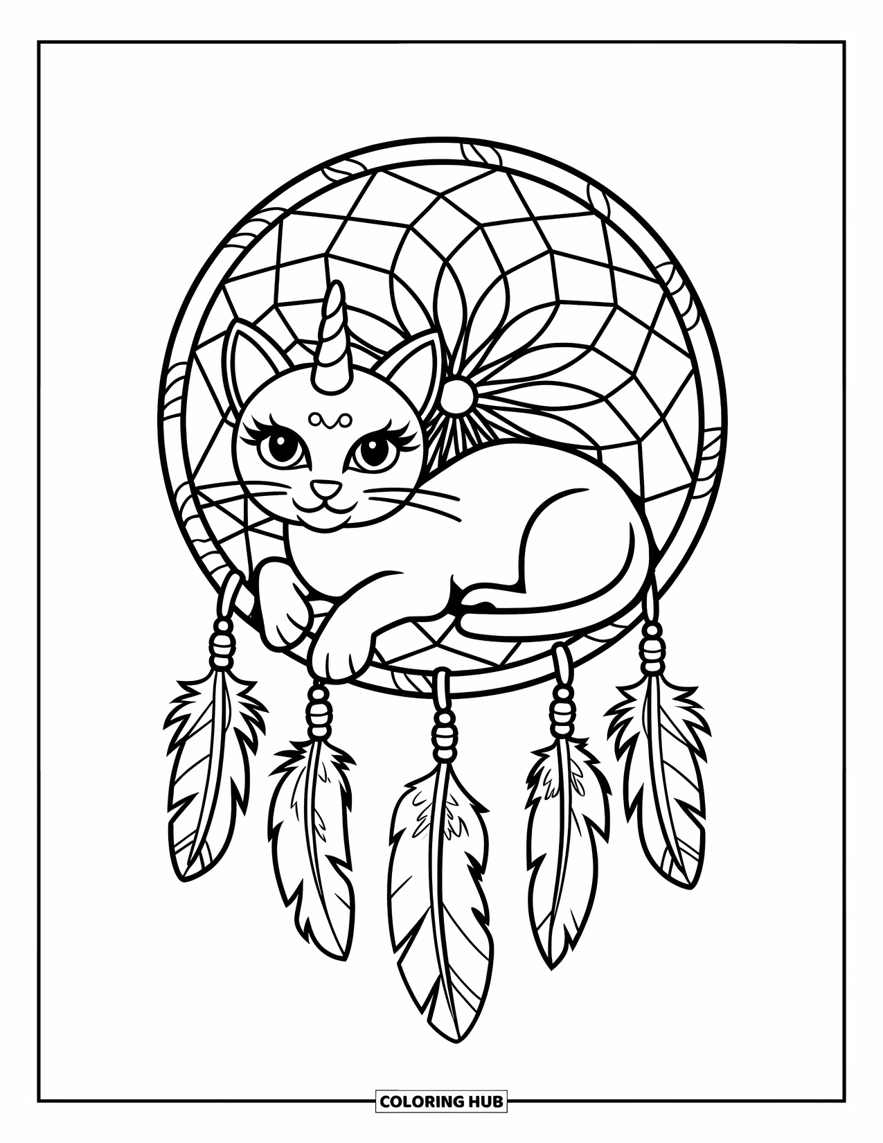 Caticorn Coloring Page for Kids: A caticorn naps on top of a dreamcatcher decorated with feathers and beads