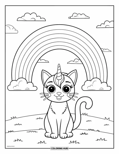 Coloriage de caticorn pour enfants : Un caticorn se repose sous un arc-en-ciel rayé qui s'étend dans le ciel au-dessus d'une prairie herbeuse