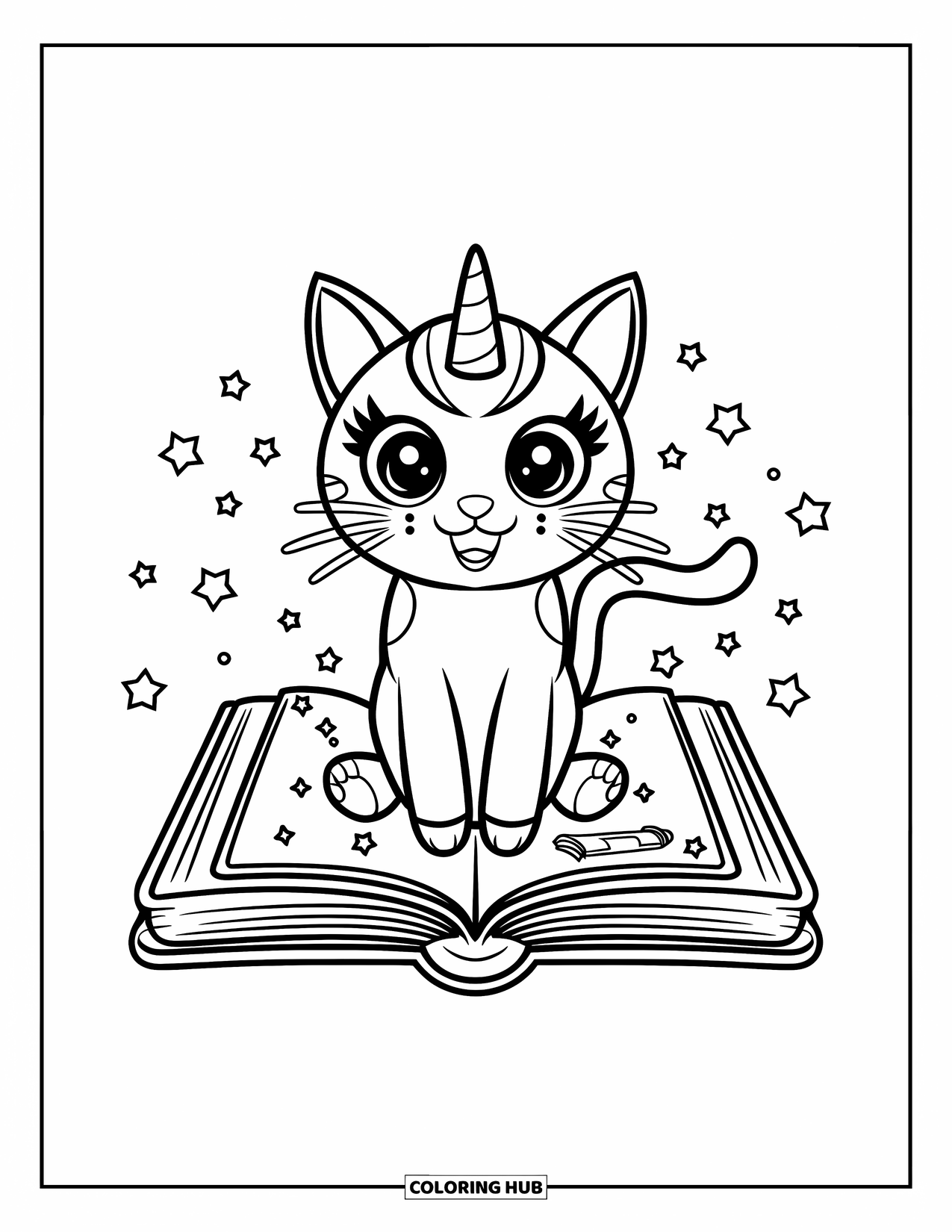 Caticorn Coloring Page for Kids: A caticorn rests on a magic book with a glowing emblem and floating stars