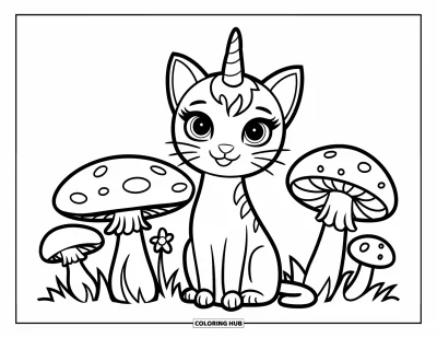 Coloriage de caticorn pour enfants : Un caticorn est assis près de grands champignons et de petites fleurs toutes simples