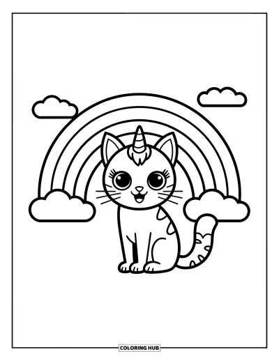 Coloriage de caticorn pour enfants : Un caticorn est assis calmement sous un arc-en-ciel avec de doux nuages à proximité