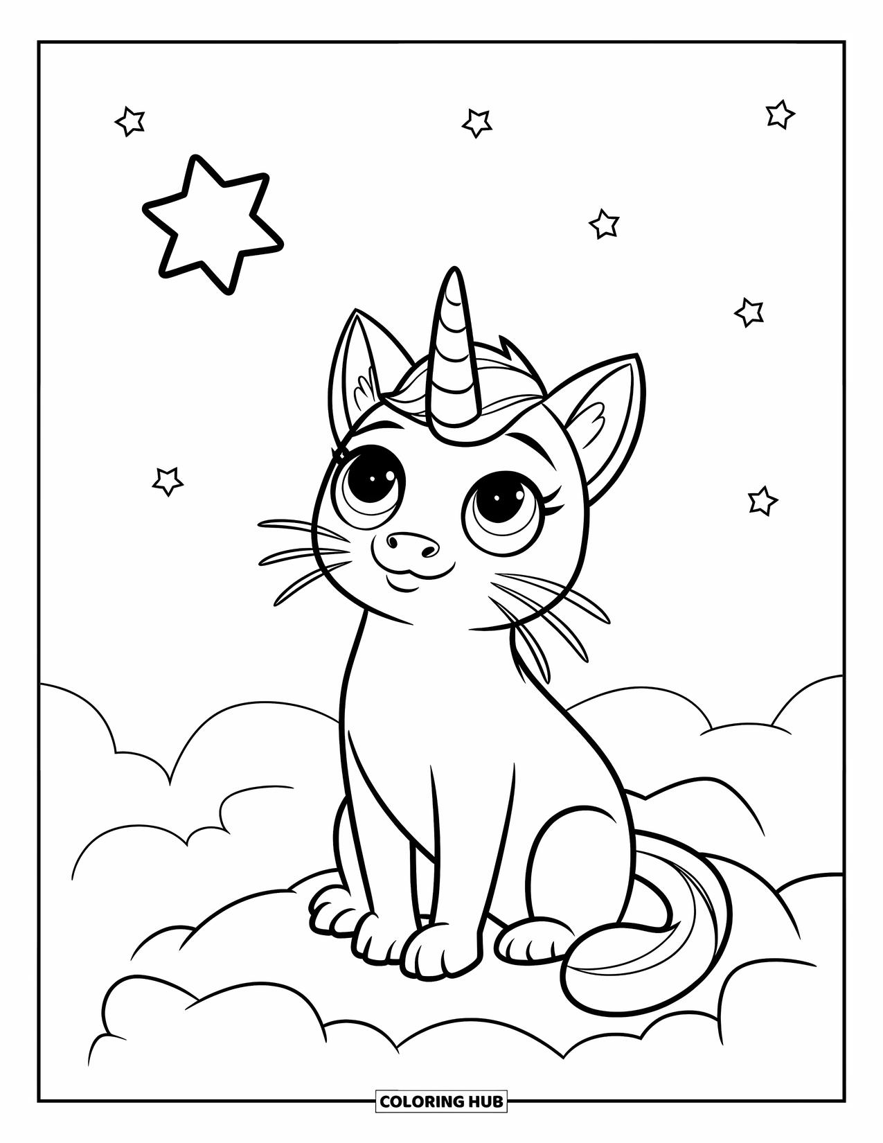 Caticorn Coloring Page for Kids: A caticorn sits on a cloud, gazing up at a single floating star