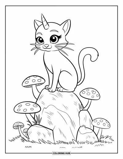 Coloriage de caticorn pour enfants : Un caticorn est assis sur un rocher fantastique avec des champignons au milieu d'un champ paisible