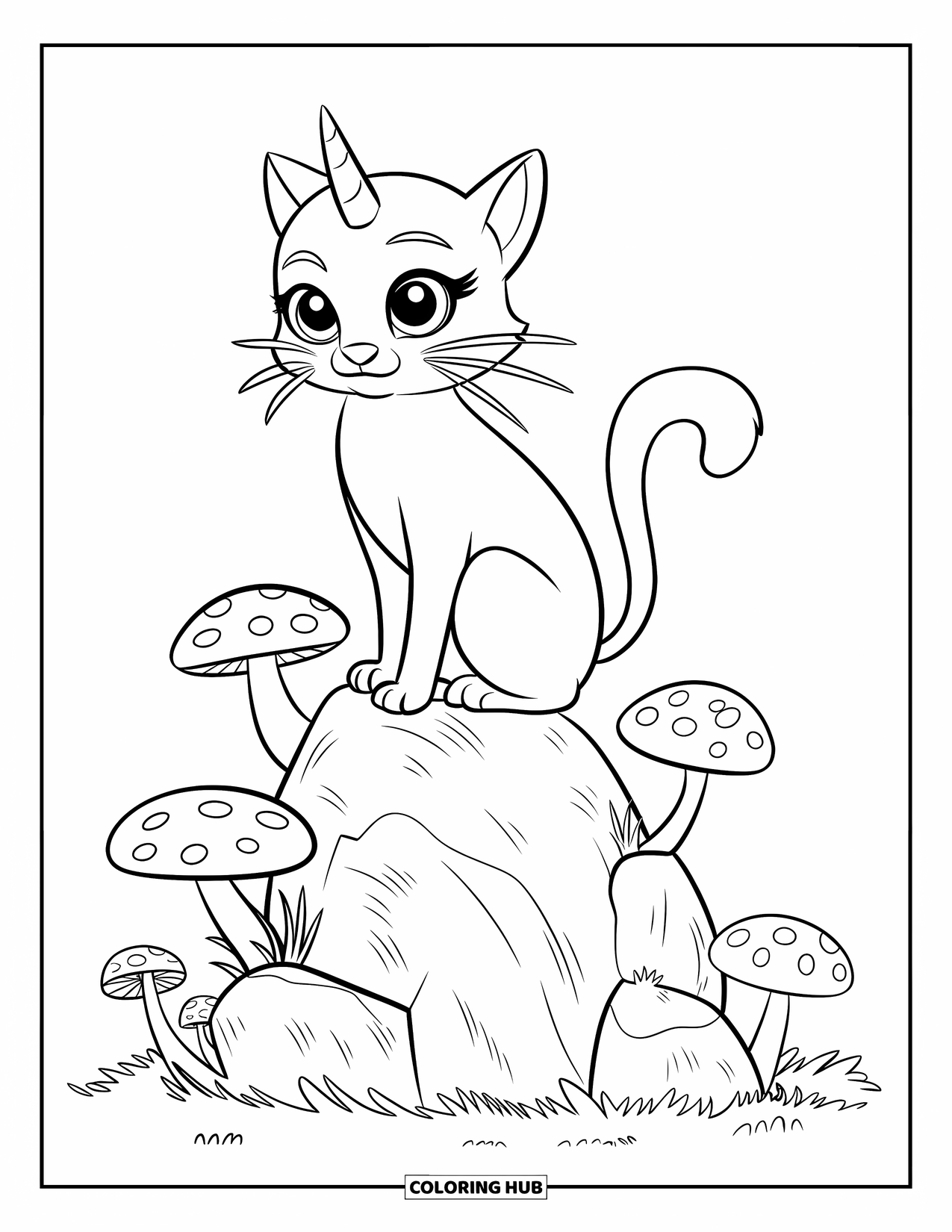 Caticorn Coloring Page for Kids: A caticorn sits on a fantasy rock with mushrooms in the middle of a peaceful field