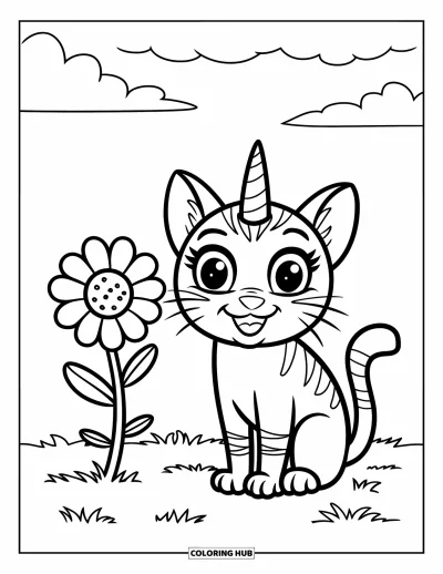 Coloriage de caticorn pour enfants : Un caticorn est assis sur l'herbe près d'une fleur, avec des nuages qui glissent au-dessus