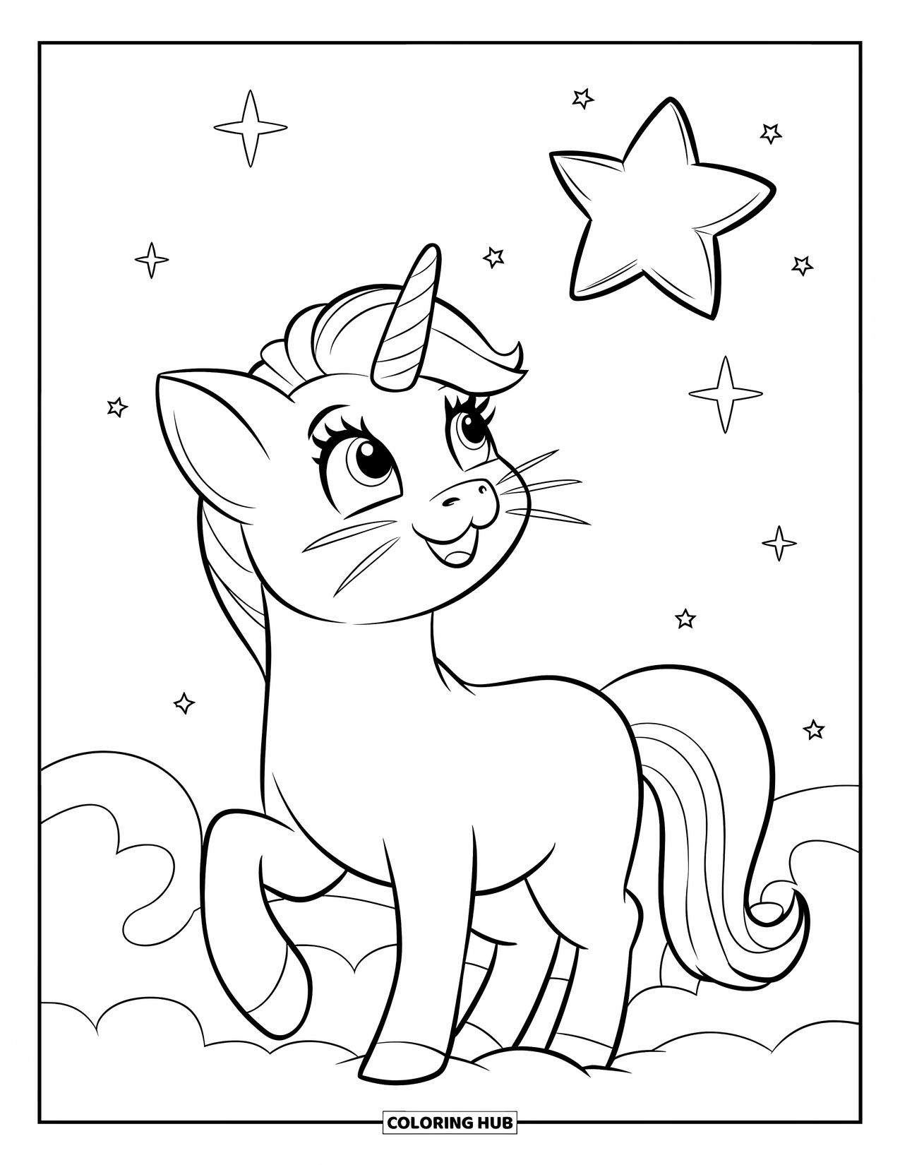 Caticorn Coloring Page for Kids: A caticorn stands on a cloud, looking up at one bright star in the night sky