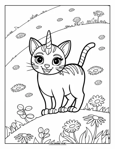 Coloriage de caticorn pour enfants : Un caticorn se tient tranquillement sur une colline couverte de fleurs