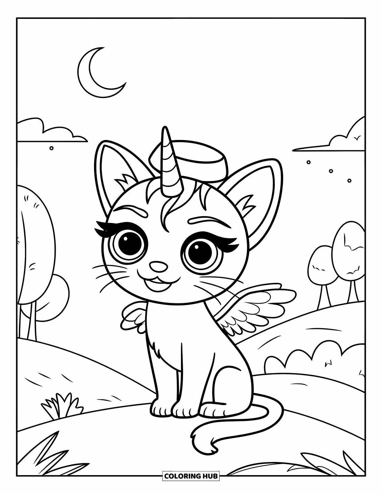 Caticorn Coloring Page for Kids: A caticorn wearing a tiny hat sits on a moonlit hill under a starry sky