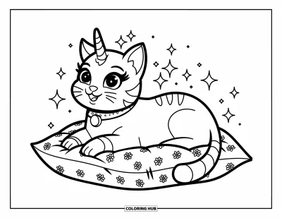 Coloriage de caticorn pour enfants : Un caticorn avec un collier fait une sieste sur un coussin fleuri avec des étincelles tout autour