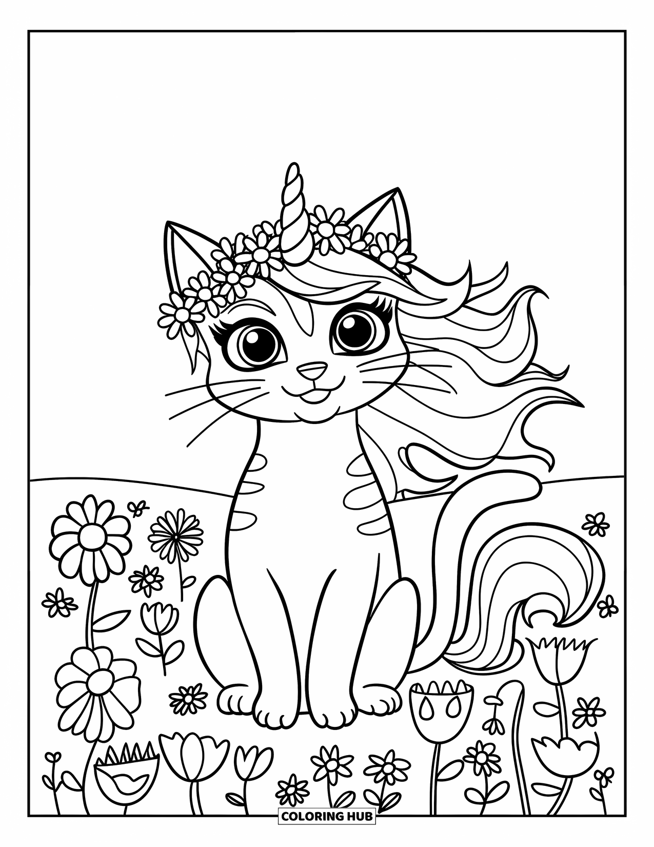 Caticorn Coloring Page for Kids: A caticorn with a flower crown sits calmly in a field full of blossoms
