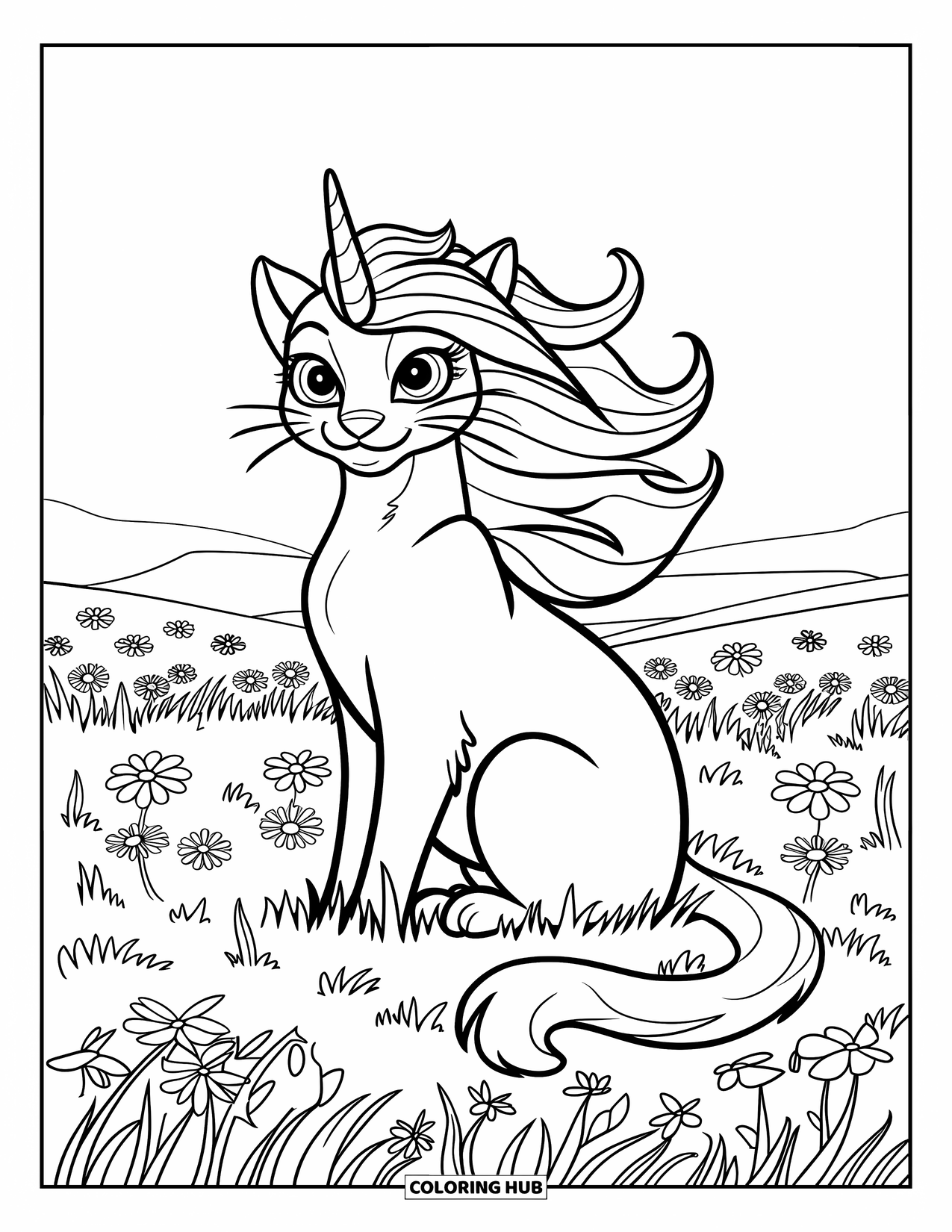 Caticorn Coloring Page for Kids: A caticorn with a flowing mane relaxes in a wide flower field near distant mountains