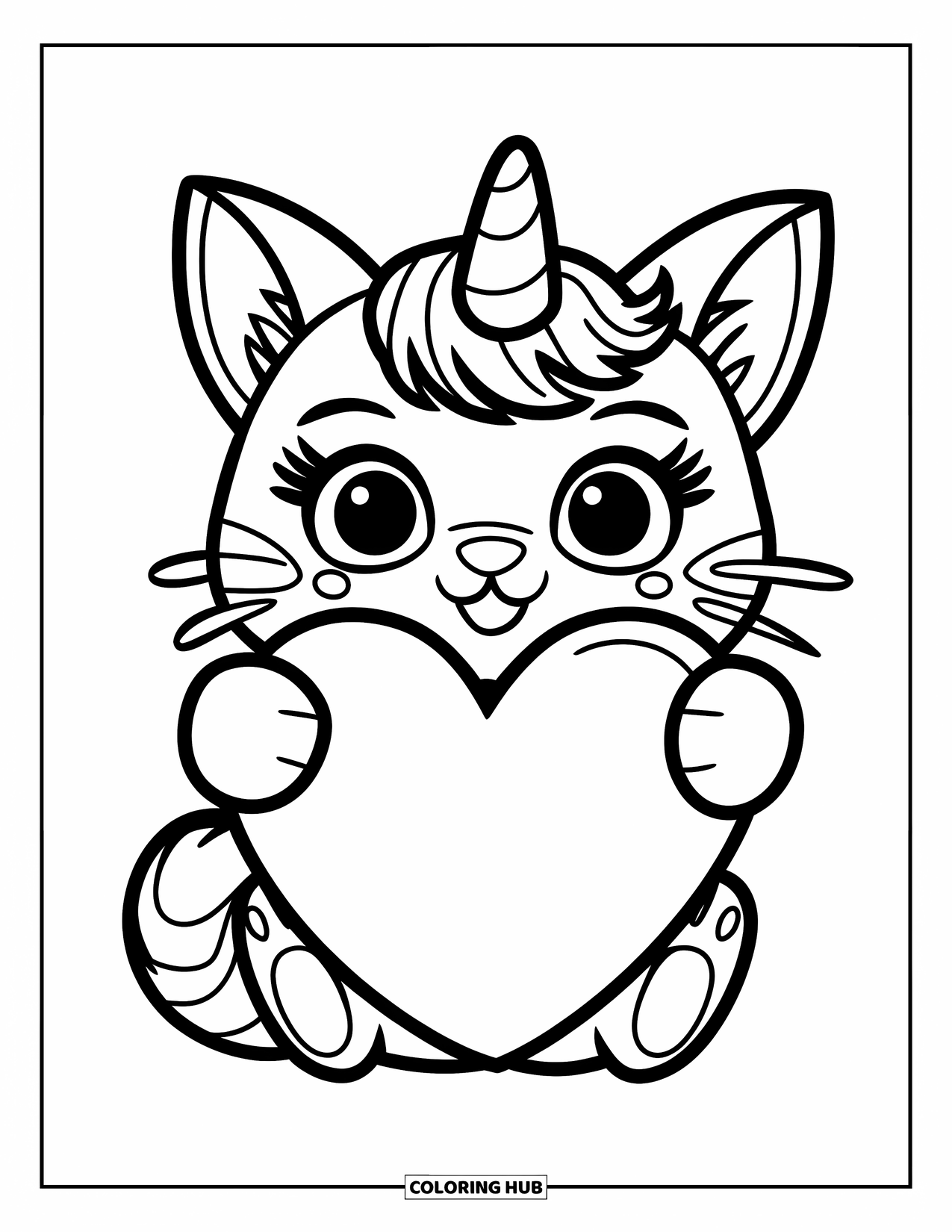 Caticorn Coloring Page for Kids: A caticorn with a unicorn horn gently hugs a big heart
