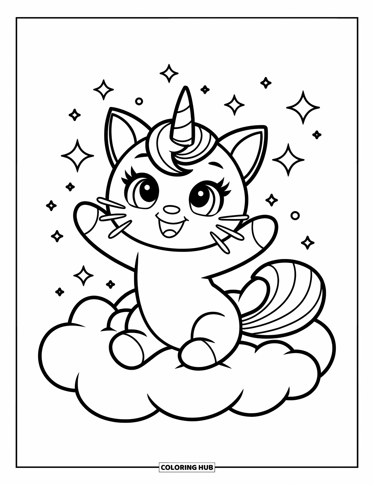 Caticorn Coloring Page for Kids: A caticorn with a unicorn horn sits on a cloud surrounded by floating sparkles