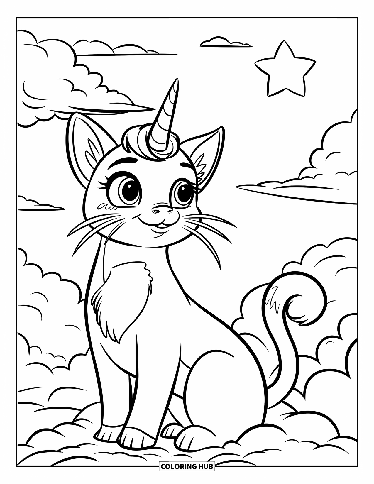 Caticorn Coloring Page for Kids: A caticorn with a unicorn horn sits on a cloud, watching a single star float above