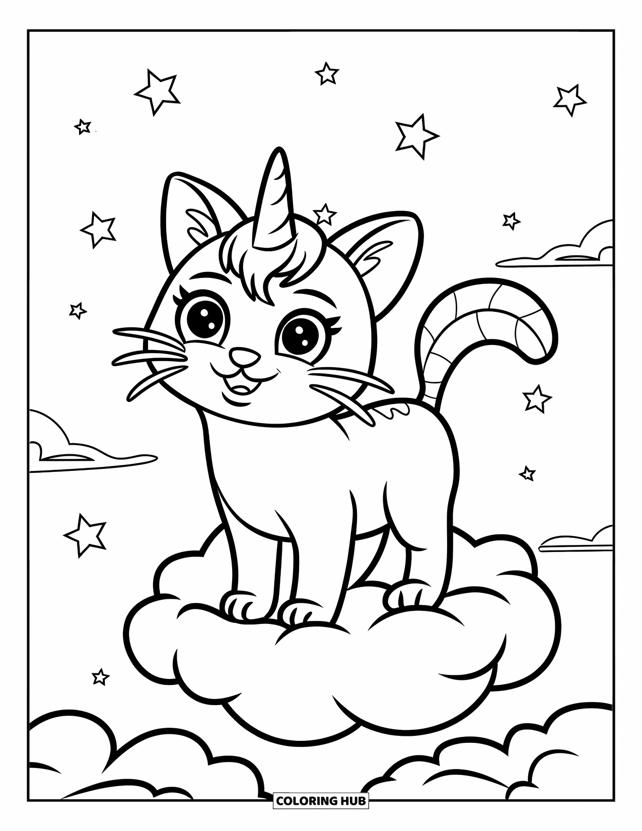 Caticorn Coloring Page for Kids: A caticorn with a unicorn horn stands on a soft cloud with stars overhead