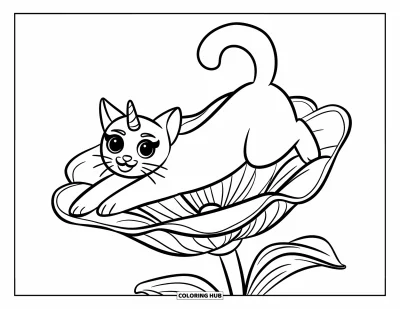 Coloriage de caticorn pour enfants : Un caticorn avec une corne de licorne s'étire doucement sur une grande fleur aux motifs décoratifs