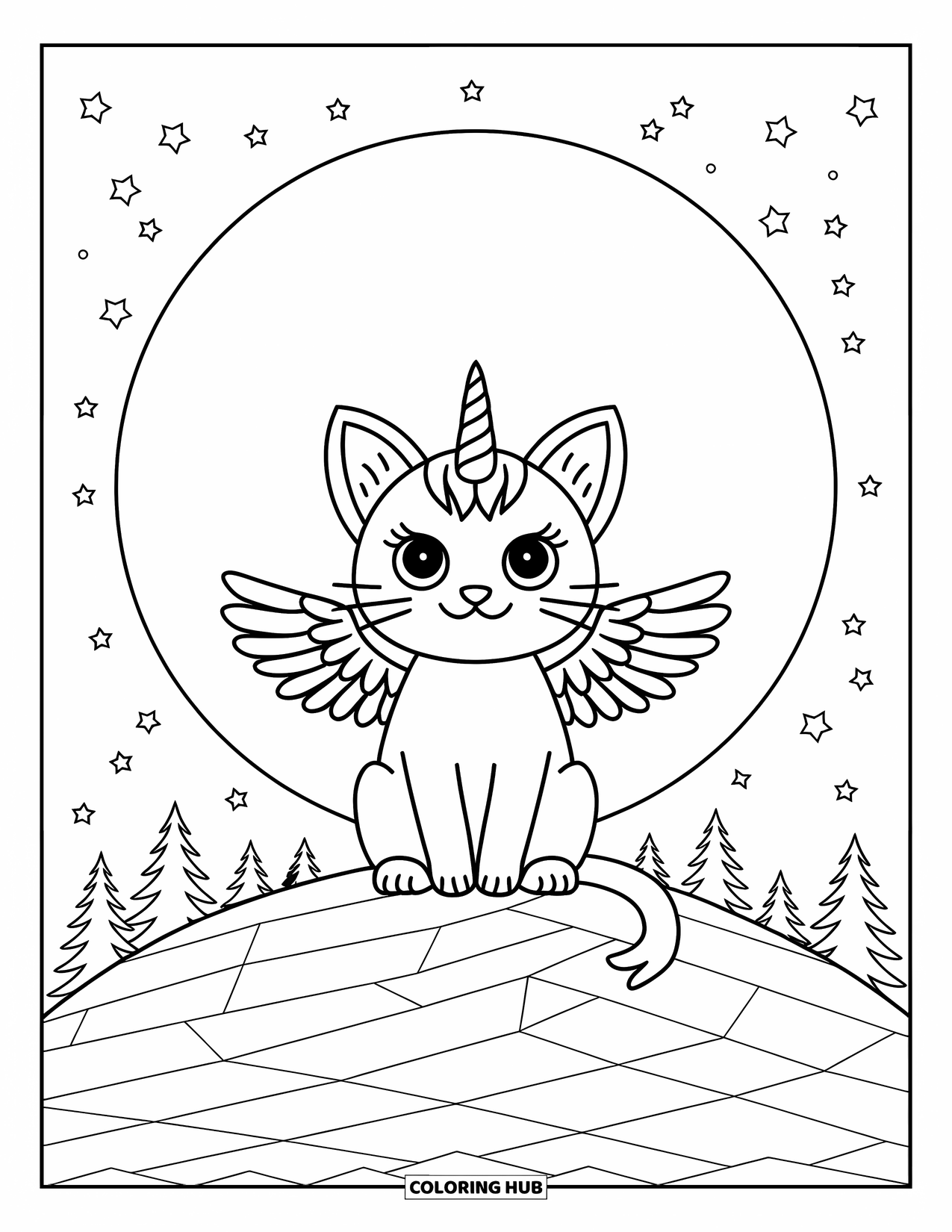 Caticorn Coloring Page for Kids: A caticorn with angel wings sits peacefully on a starry hill surrounded by trees