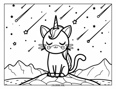Coloriage de caticorn pour enfants : Un caticorn aux yeux fermés est assis paisiblement sur un rocher sous un ciel plein d'étoiles filantes