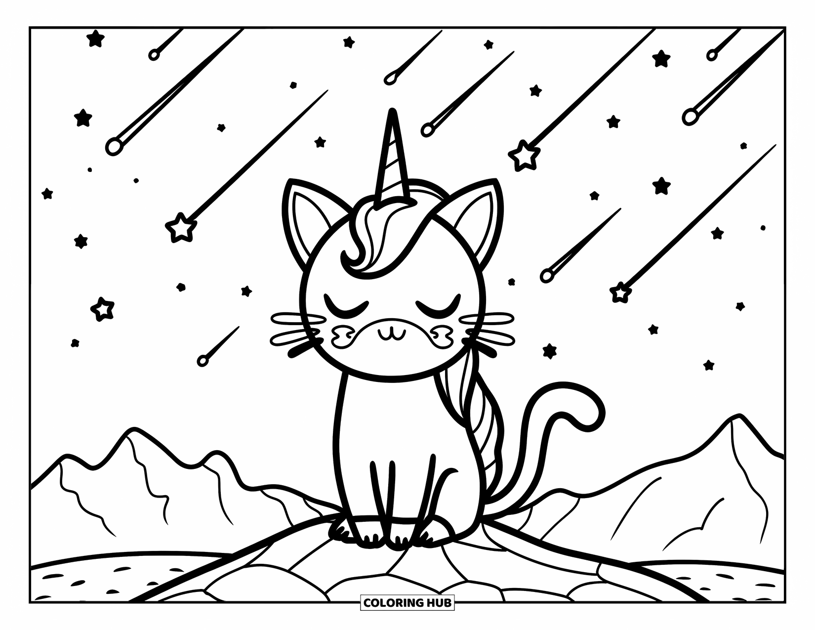 Caticorn Coloring Page for Kids: A caticorn with closed eyes sits peacefully on a rock under a sky full of shooting stars