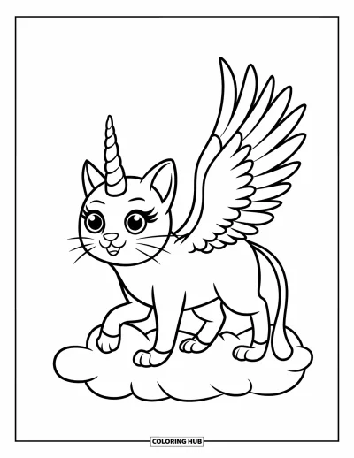 Coloriage de caticorn pour enfants : Un caticorn avec de petites ailes et une corne en spirale se tient tranquillement sur un nuage