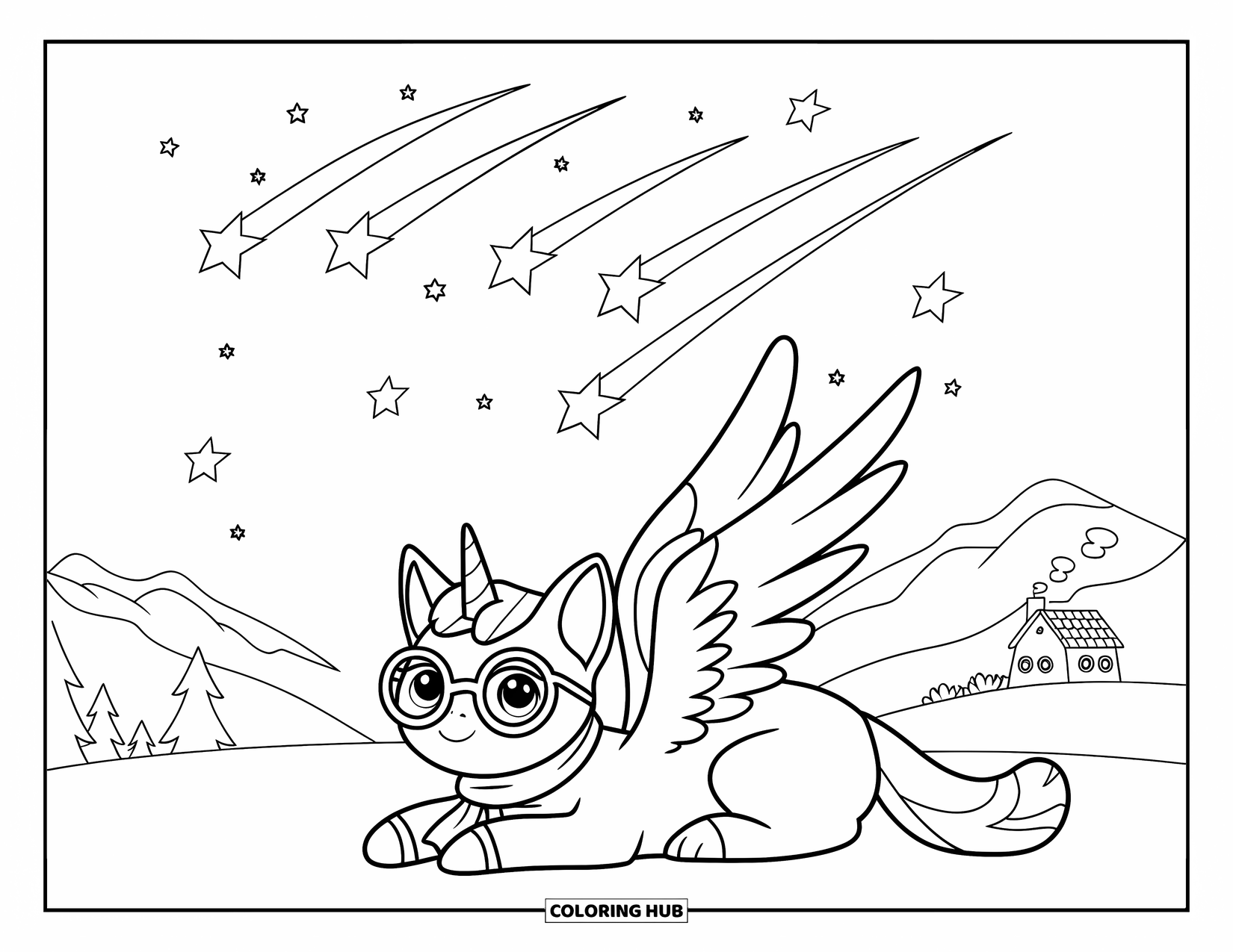 Caticorn Coloring Page for Kids: A caticorn with wings, glasses, and a scarf lies down watching shooting stars above a quiet village