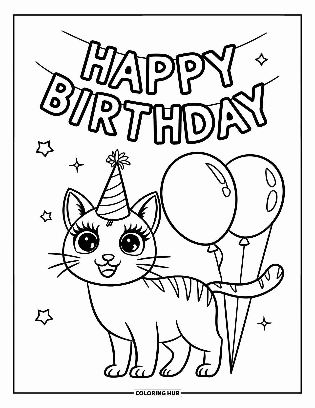 Caticorn Coloring Page for Kids: A cheerful caticorn in a party hat stands next to balloons and a birthday banner