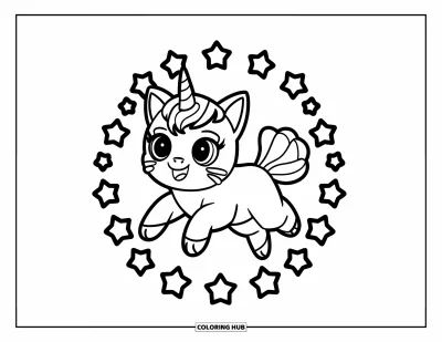 Coloriage de caticorn pour enfants : Un caticorn jovial saute à travers un anneau flottant fait d'étoiles