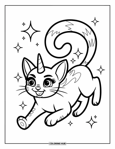Coloriage de caticorn pour enfants : Un caticorn joyeux avec une queue en spirale poursuit des étincelles dans les airs