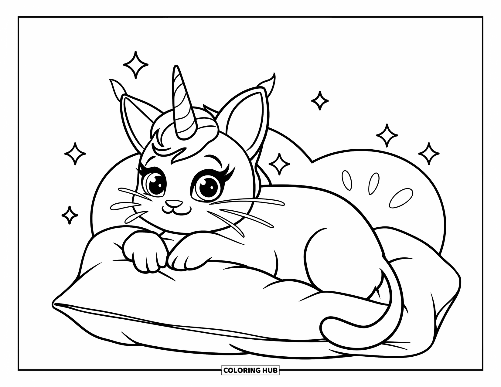 Caticorn Coloring Page for Kids: A cozy caticorn rests on a heart-shaped pillow with sparkles nearby
