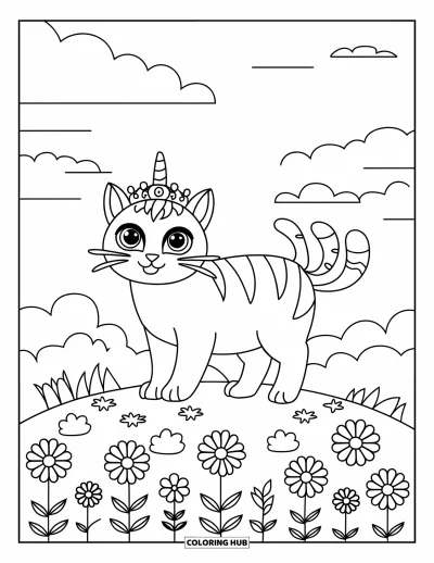 Coloriage de caticorn pour enfants : Un caticorn couronné se tient sur une colline entourée de fleurs et de nuages doux
