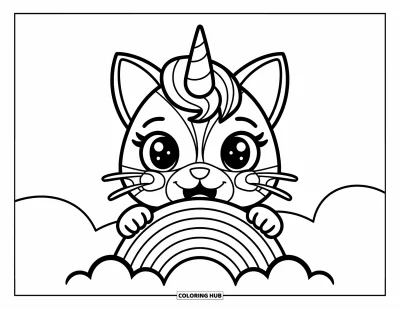 Coloriage de caticorn pour enfants : Un caticorn curieux passe la tête derrière un arc-en-ciel posé sur un nuage