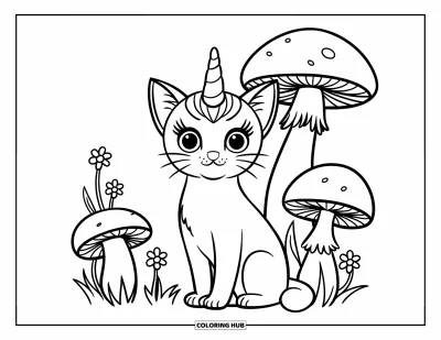 Coloriage de caticorn pour enfants : Un caticorn curieux est assis près de champignons et de petites fleurs épanouies