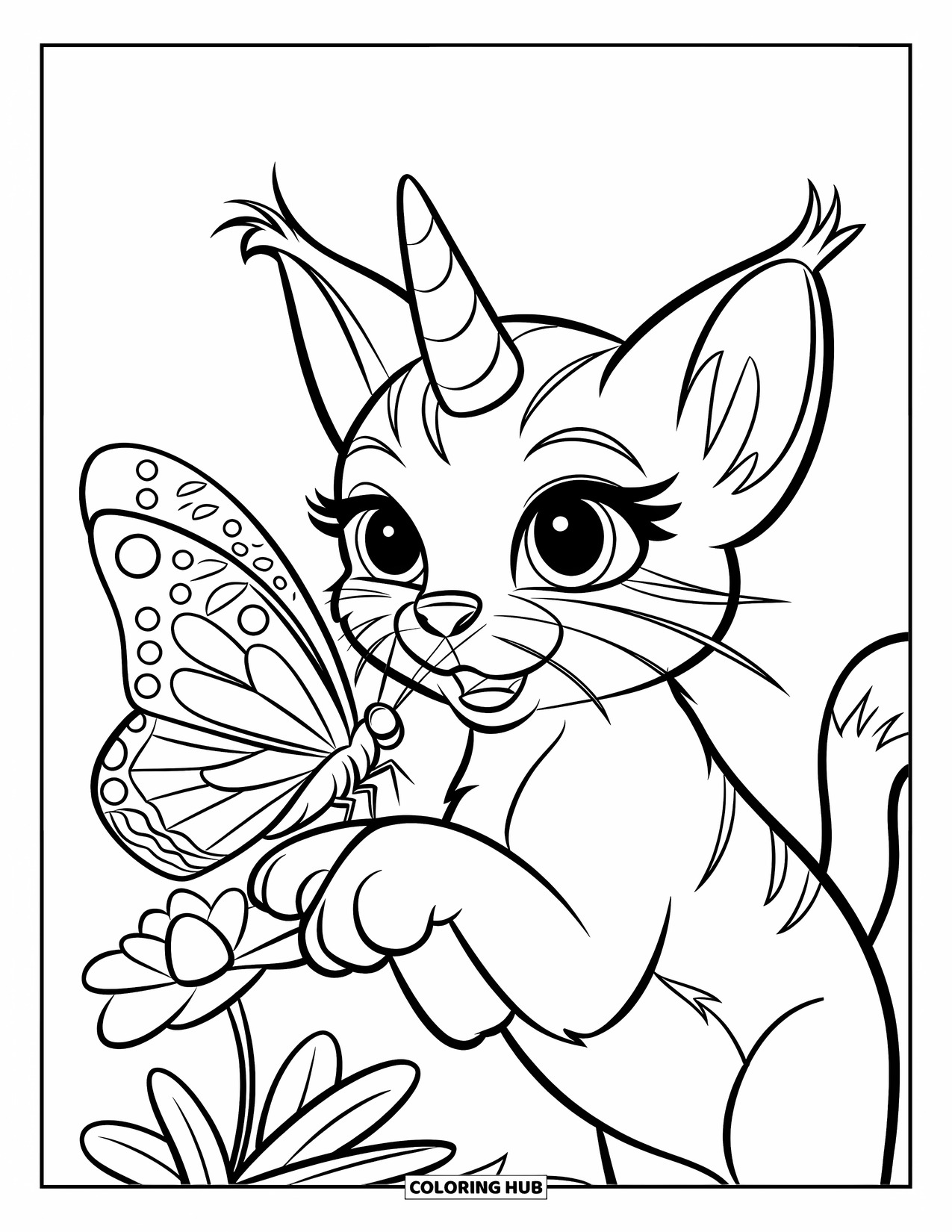 Caticorn Coloring Page for Kids: A curious caticorn watches a butterfly perched on a flower nearby