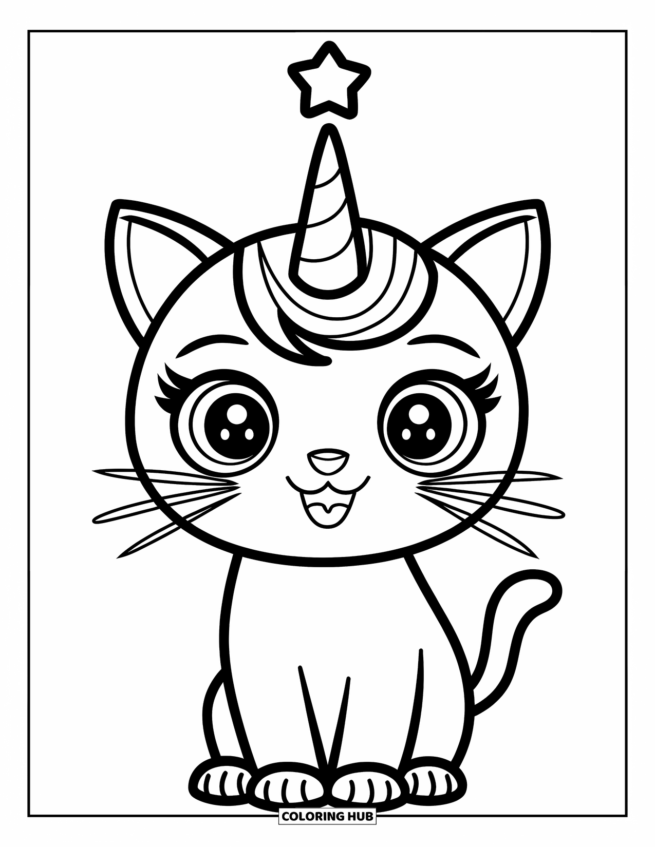 Caticorn Coloring Page for Kids: A cute caticorn with a star above its horn stands calmly with a gentle look