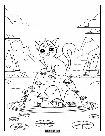 Coloriage de caticorn pour enfants : Un caticorn rêveur se repose sur un rocher entouré de nénuphars avec des montagnes à l'horizon