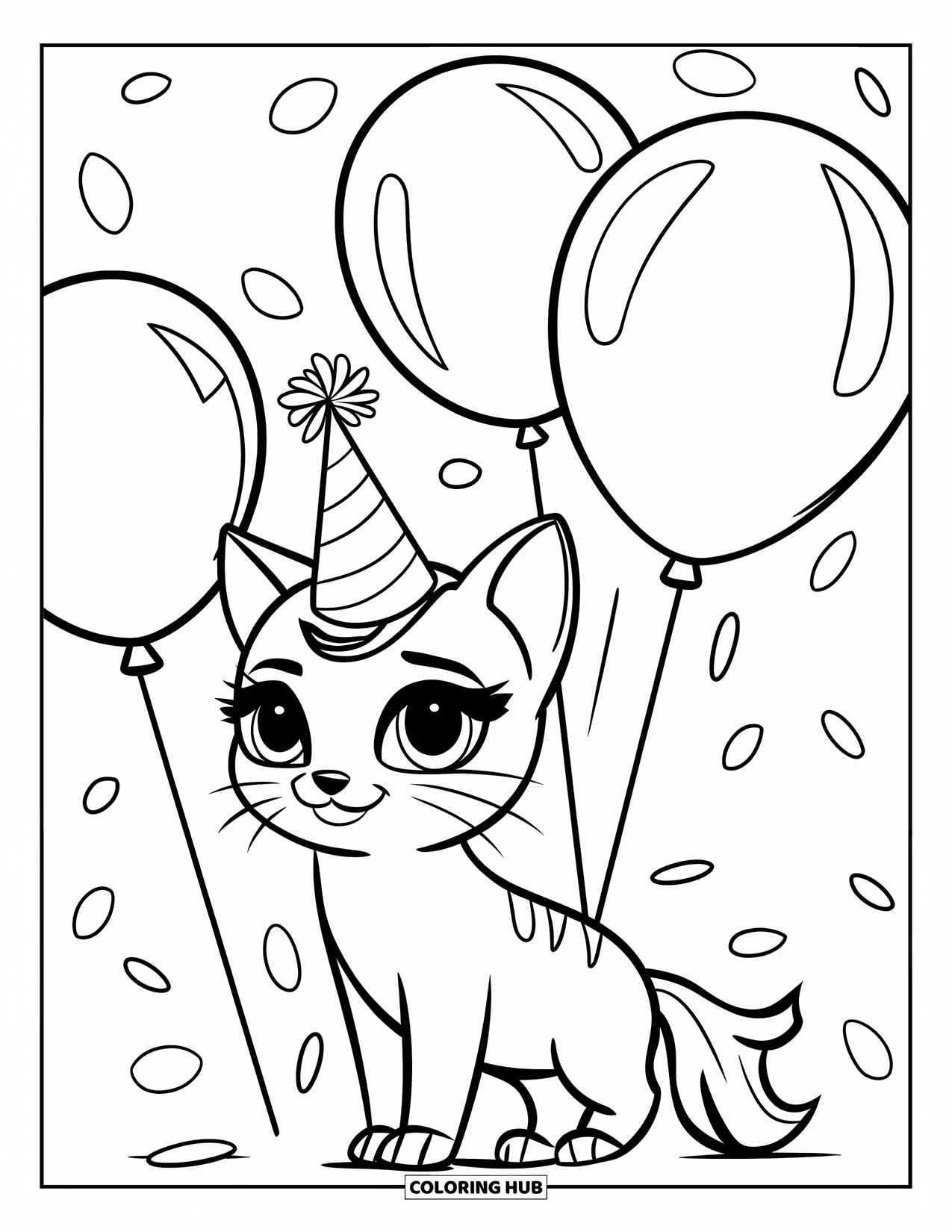 Caticorn Coloring Page for Kids: A festive caticorn wearing a party hat stands by colorful birthday balloons
