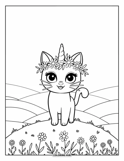 Coloriage de caticorn pour enfants : Un caticorn couronné de fleurs se tient sur une colline avec des champs vallonnés et un ciel dégagé