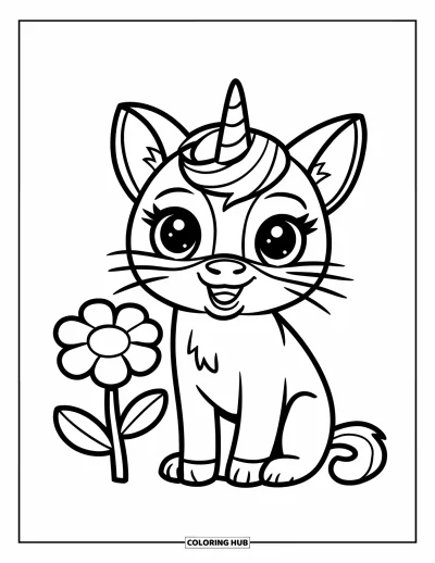 Coloriage de caticorn pour enfants : Un caticorn sympathique avec des oreilles de chat se repose près d'une délicate petite fleur