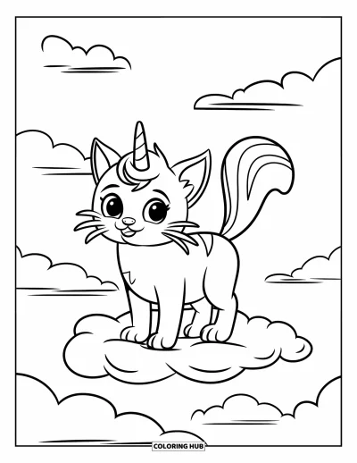 Coloriage de caticorn pour enfants : Un caticorn doux avec une corne de licorne se tient sur un nuage moelleux sous un ciel apaisé