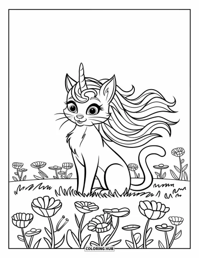 Coloriage de caticorn pour enfants : Un caticorn élégant avec une crinière ondoyante se détend dans un champ plein de fleurs
