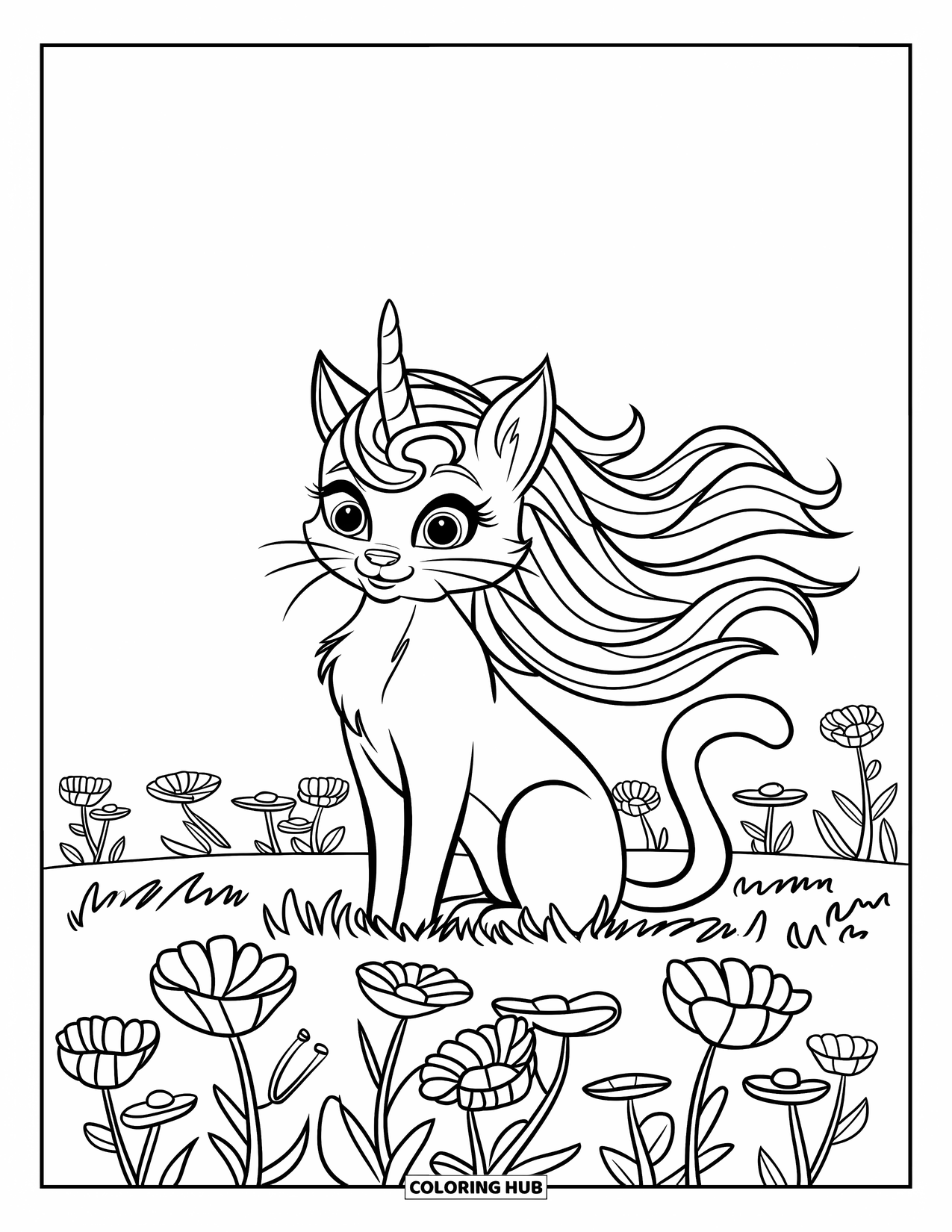 Caticorn Coloring Page for Kids: A graceful caticorn with a flowing mane relaxes in a field full of flowers