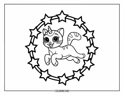 Coloriage de caticorn pour enfants : Un caticorn joyeux bondit à travers un grand anneau d'étoiles en plein vol