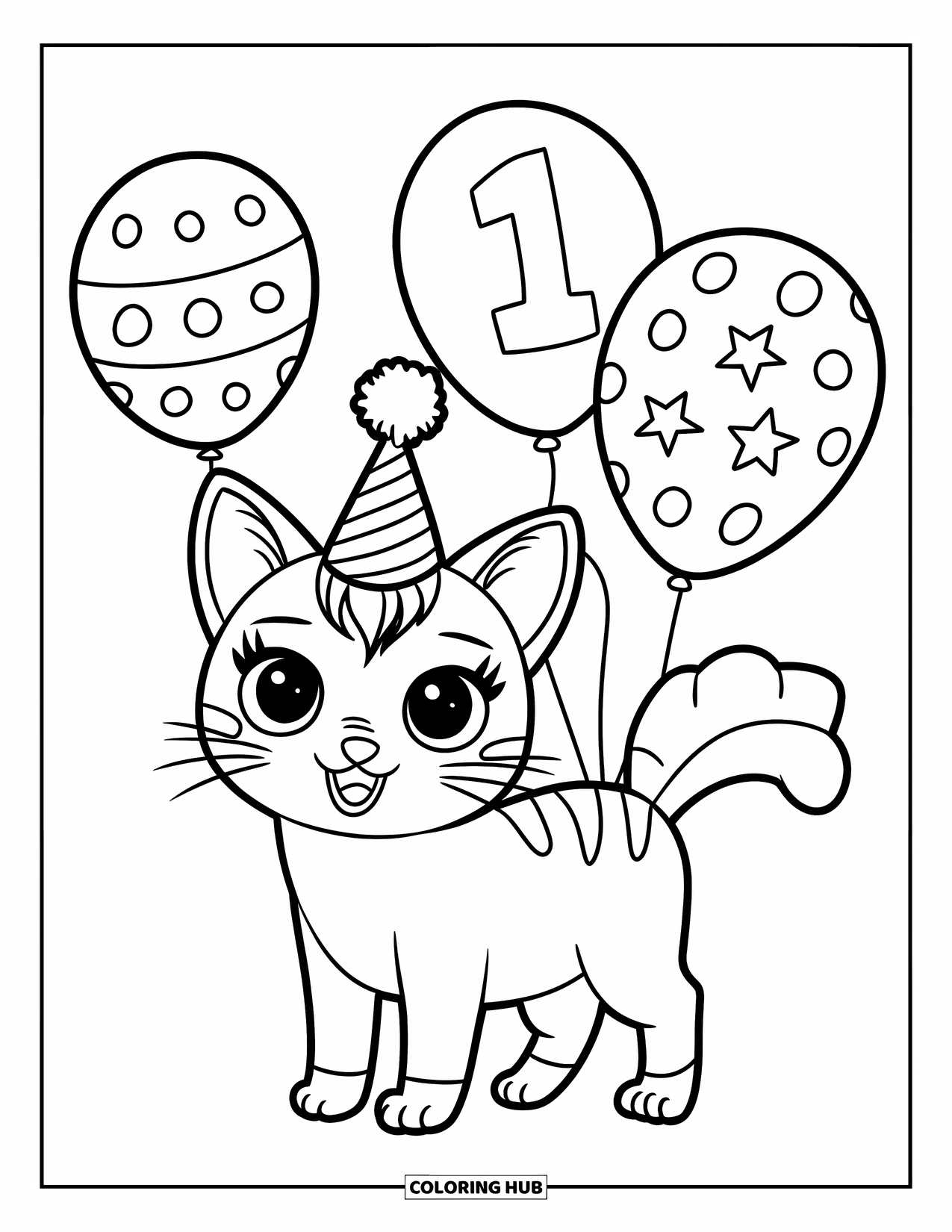 Caticorn Coloring Page for Kids: A party-ready caticorn with a pom-pom hat stands by balloons with patterns and numbers