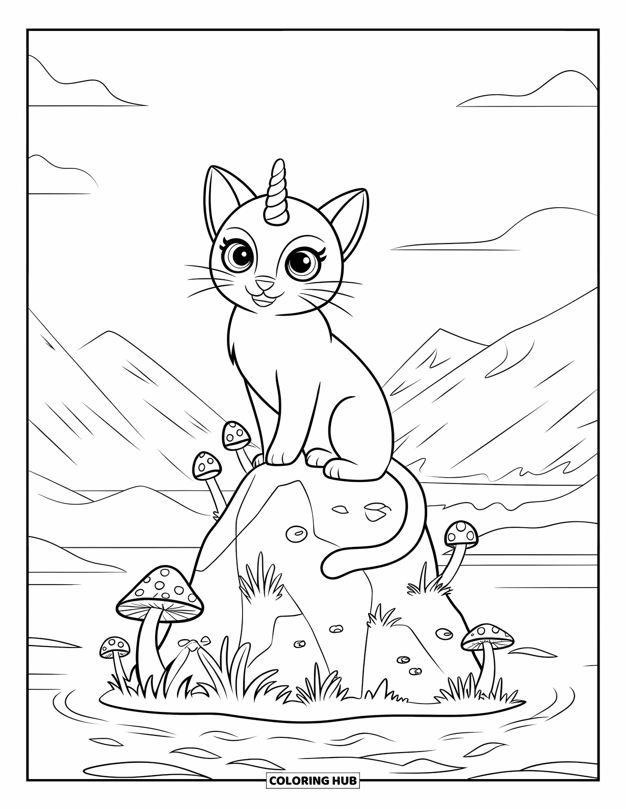 Caticorn Coloring Page for Kids: A peaceful caticorn perches on a rock surrounded by mountains and still waters