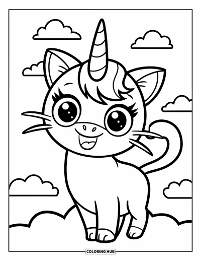 Coloriage de caticorn pour enfants : Un caticorn joueur se tient sur un nuage moelleux avec un dessin gai et tout simple